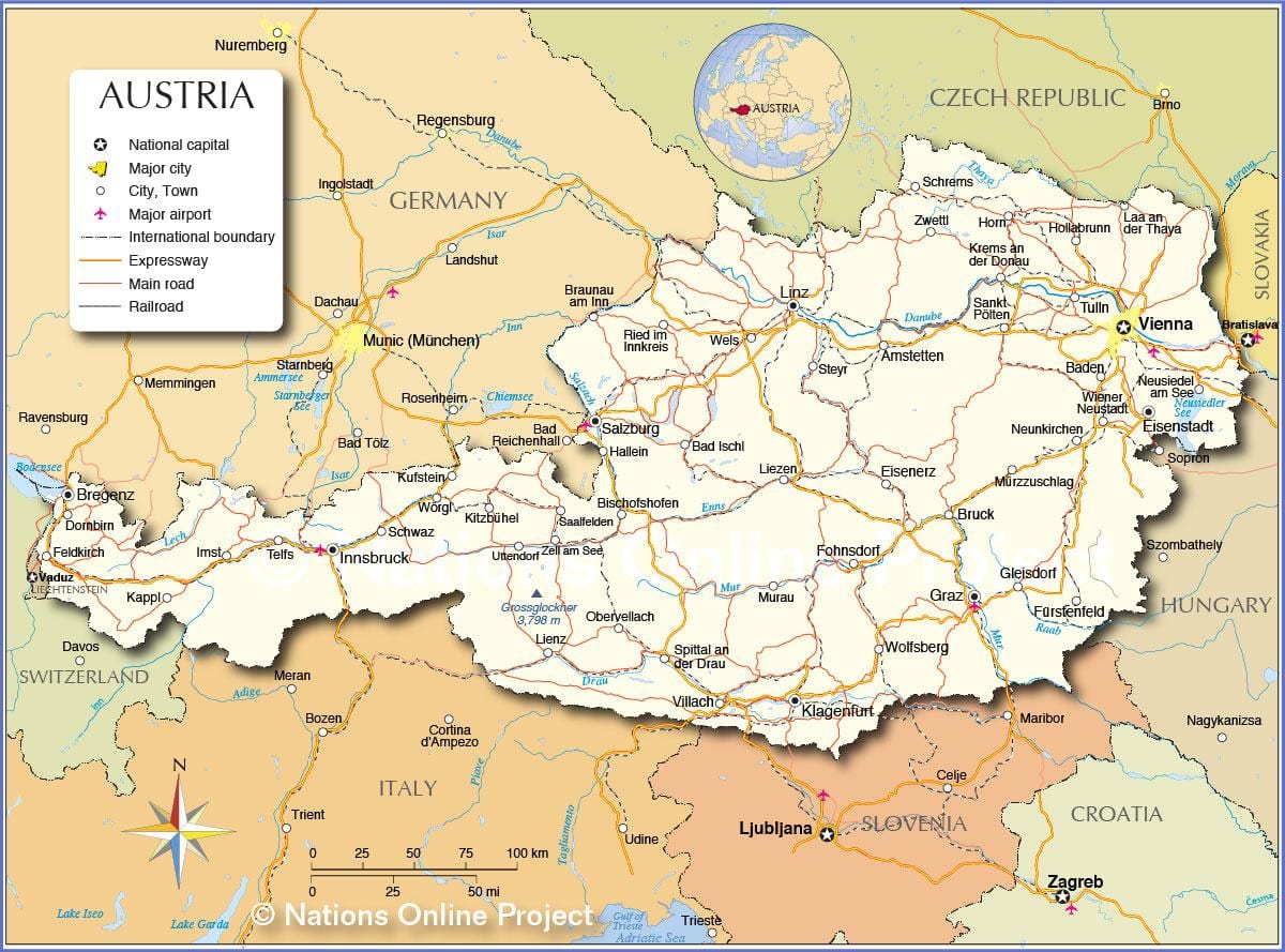 žemėlapis austrijoje su miestų ir miestelių