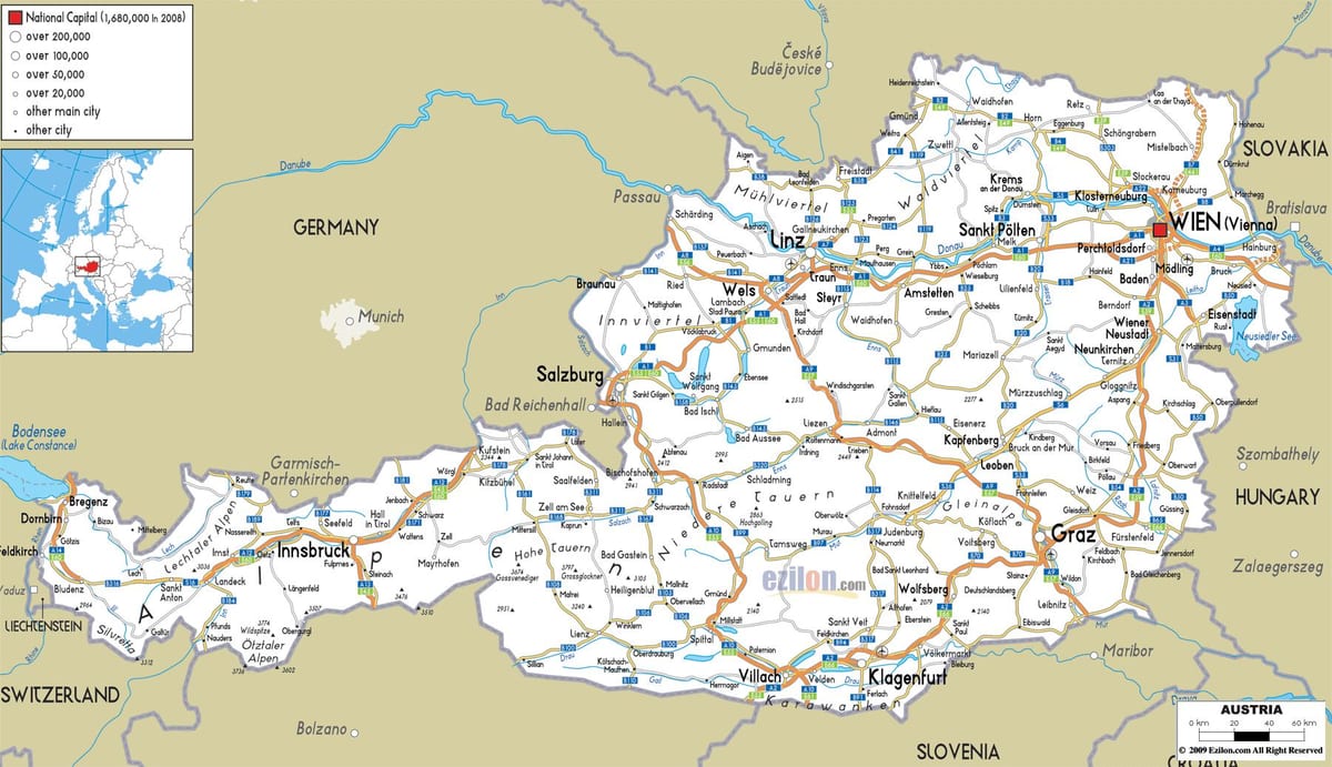 žemėlapis austrijos maršrutą