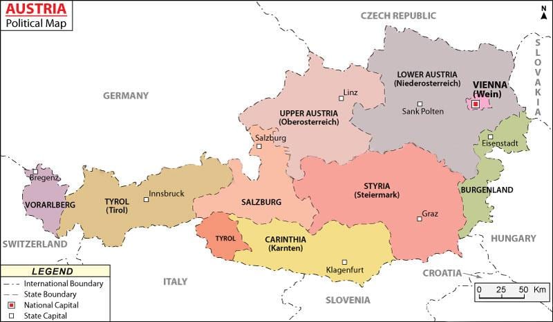 žemėlapis austrijos politinė