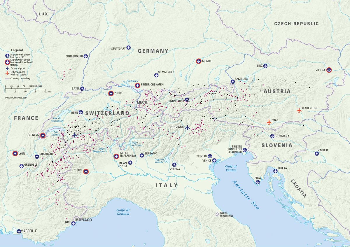 žemėlapis austrijos slidinėjimo kurortai oro uostai